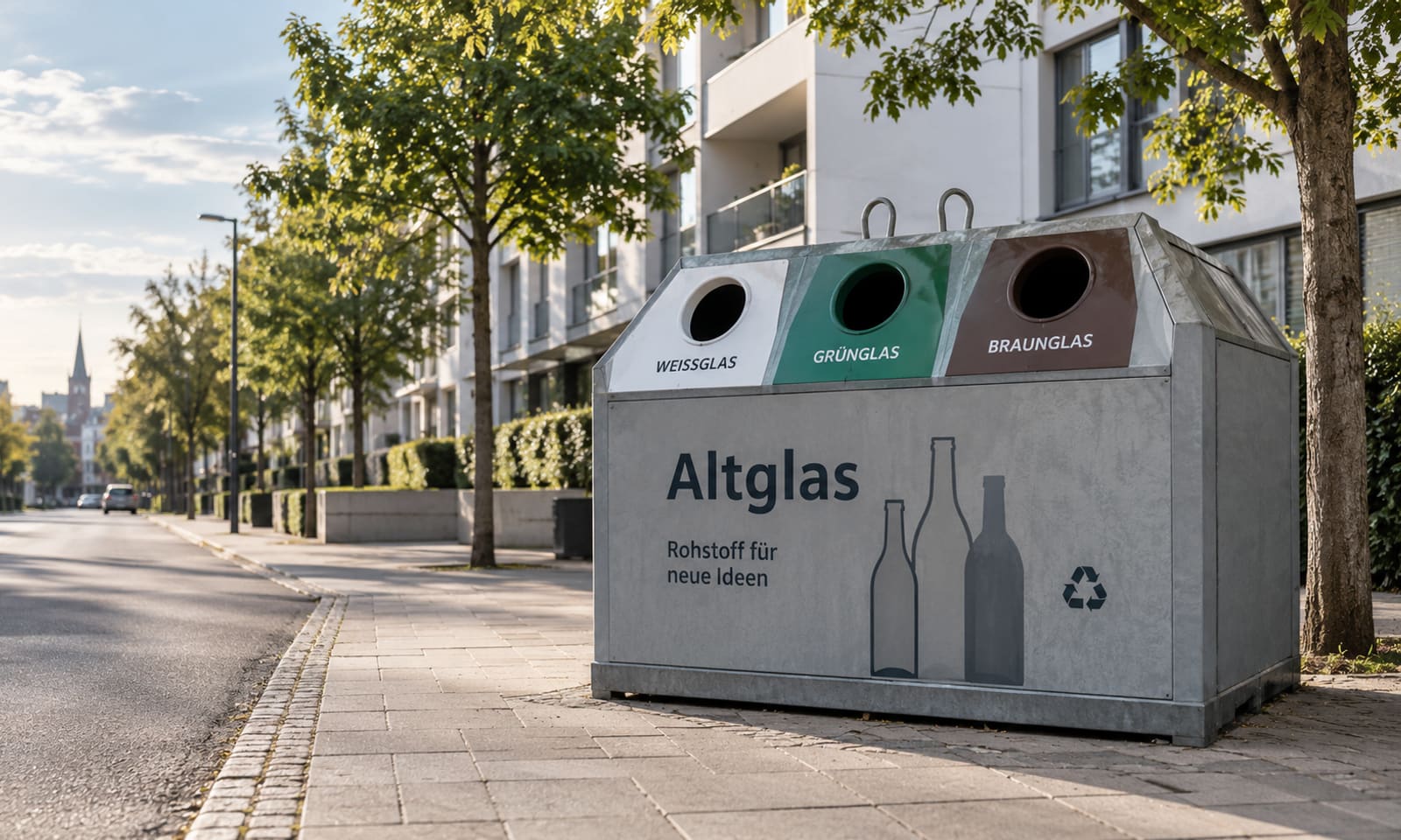 Altglascontainer für Weiß-, Grün- und Braunglas an einem gepflasterten Sammelplatz am Straßenrand